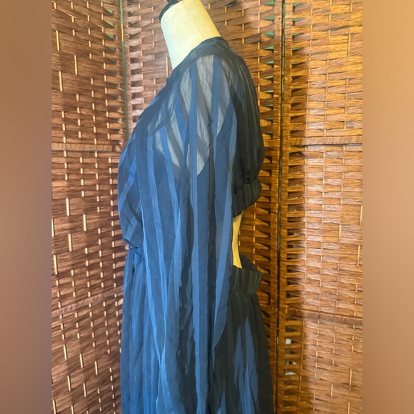 ASOS Dress Blue Pin Strip Sz 10 Sheer Overlay Long Sleeve Exposed Back ruffles - Picture 7 of 16